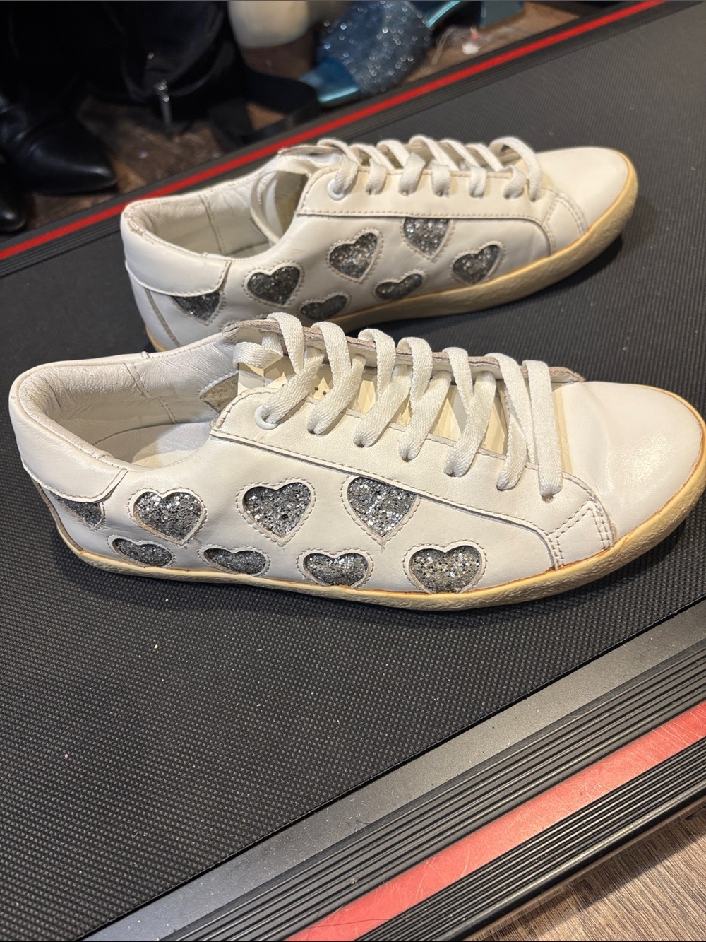 Essentiel Antwerp White Leather Heart-Accent Sneakers - Silver Glitter